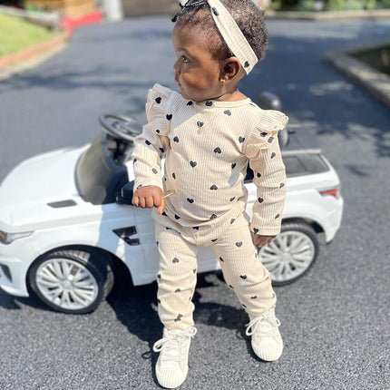 Baby Girl'S 3Pc Rib Frill Long Sleeve Romper and Pant Set