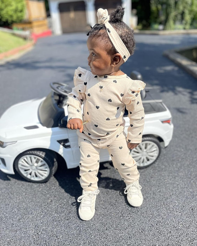 Baby Girl'S 3Pc Rib Frill Long Sleeve Romper and Pant Set