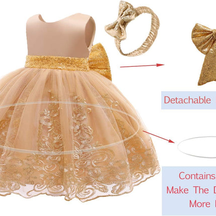 0-6T Big Bowknot Sequins Embroidered Lace Party Tutu Gown Toddler Baby Girls Dress with Headwear