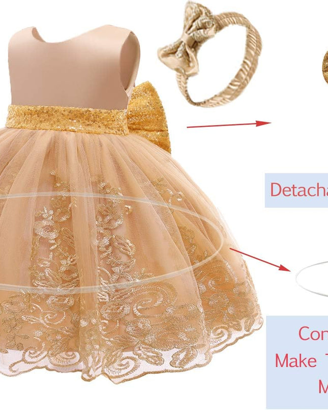 0-6T Big Bowknot Sequins Embroidered Lace Party Tutu Gown Toddler Baby Girls Dress with Headwear