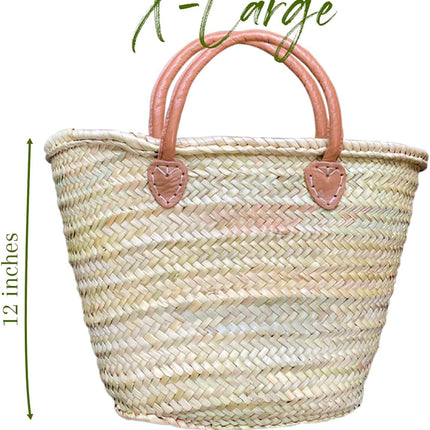 French Market Basket Bag, Extra Large (19X12) Handmade Moroccan Seagrass Basket Straw Bags for Summer, Market, Beach, Laundry, & Picnic Wicker Basket