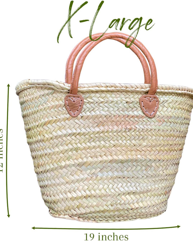 French Market Basket Bag, Extra Large (19X12) Handmade Moroccan Seagrass Basket Straw Bags for Summer, Market, Beach, Laundry, & Picnic Wicker Basket