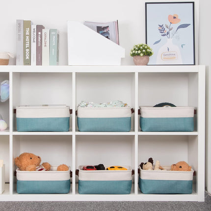 Storage Baskets Bins Set, (6 Pack) Small Fabric Baskets for Shelves, Baskets for Gifts Empty with Handles for Organizing Shelf Nursery Home Closet Clothes Room(White Teal, 11.8" X 7.8" X 5.1")