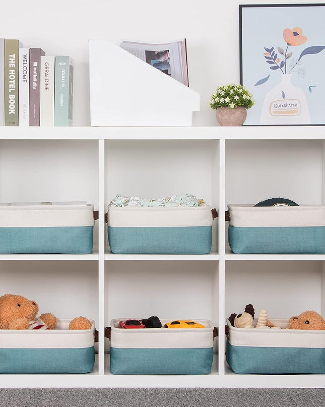 Storage Baskets Bins Set, (6 Pack) Small Fabric Baskets for Shelves, Baskets for Gifts Empty with Handles for Organizing Shelf Nursery Home Closet Clothes Room(White Teal, 11.8" X 7.8" X 5.1")