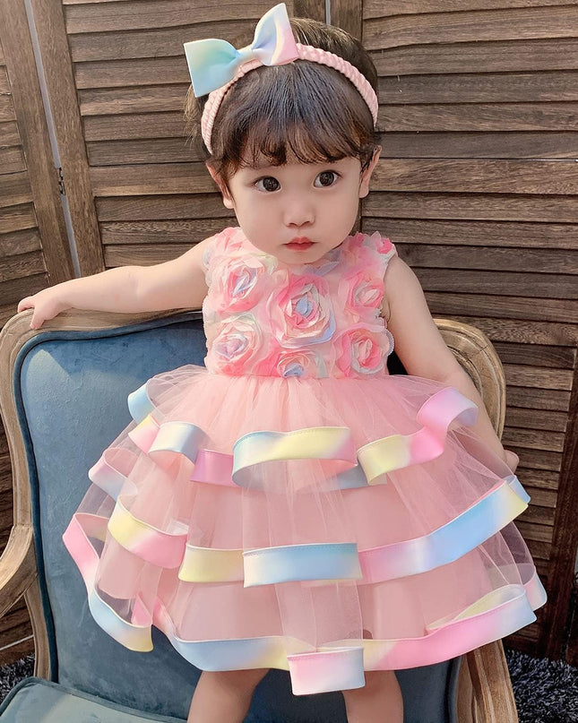 6M-6T Toddler Baby Girls Colorful Floral Tutu Gown Dress Party Evening Wedding Christmas Dance Dresses with Headwear