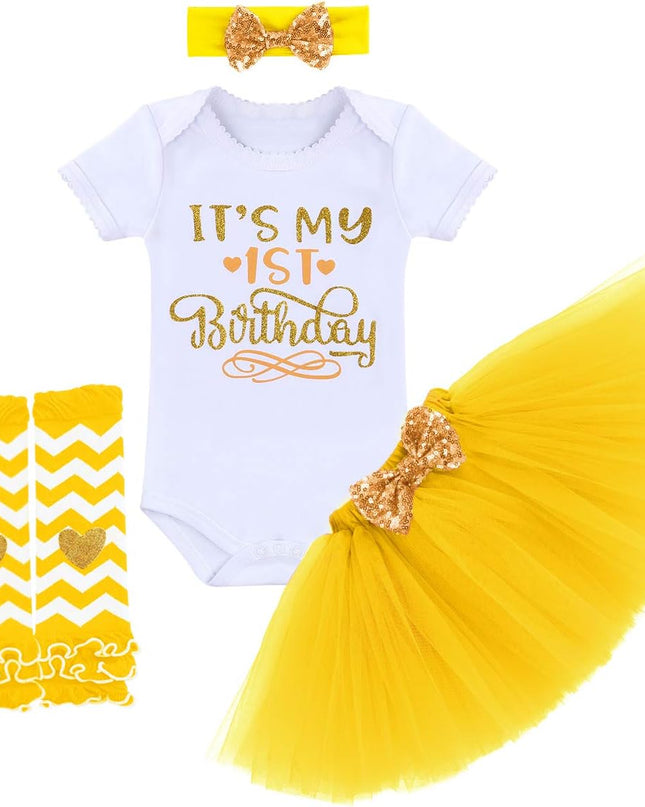 Baby Girls Half 1St 2Nd Birthday Outfits Cake Smash Dress Romper+Tulle Tutu Skirt+Sequin Bow Headband+Leg Warmer Set