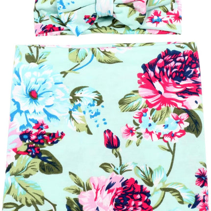 Receiving Blanket Headband Set Flower Print Baby Swaddle Receiving Blankets