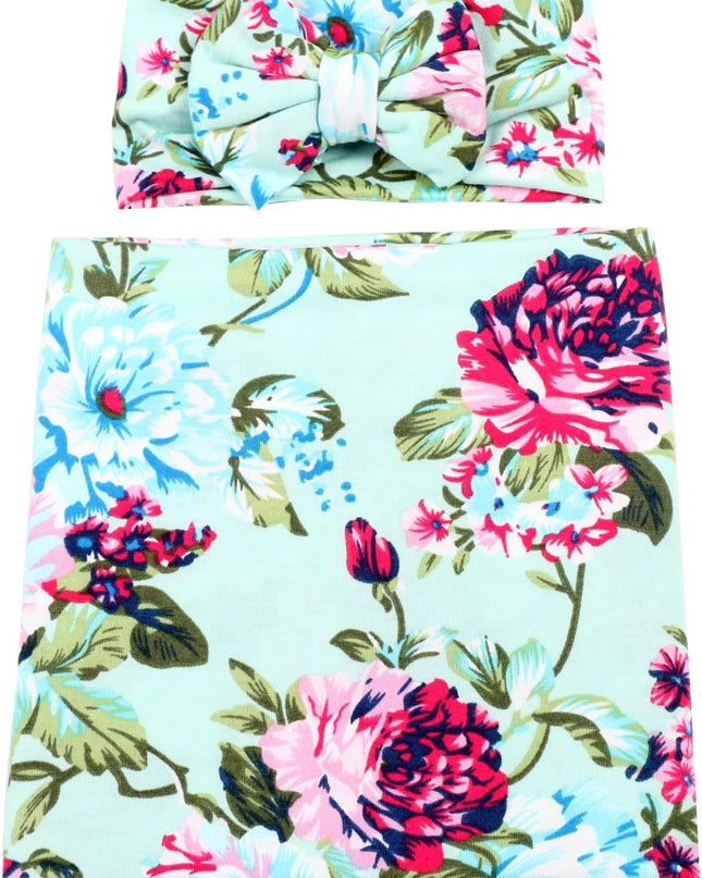 Receiving Blanket Headband Set Flower Print Baby Swaddle Receiving Blankets