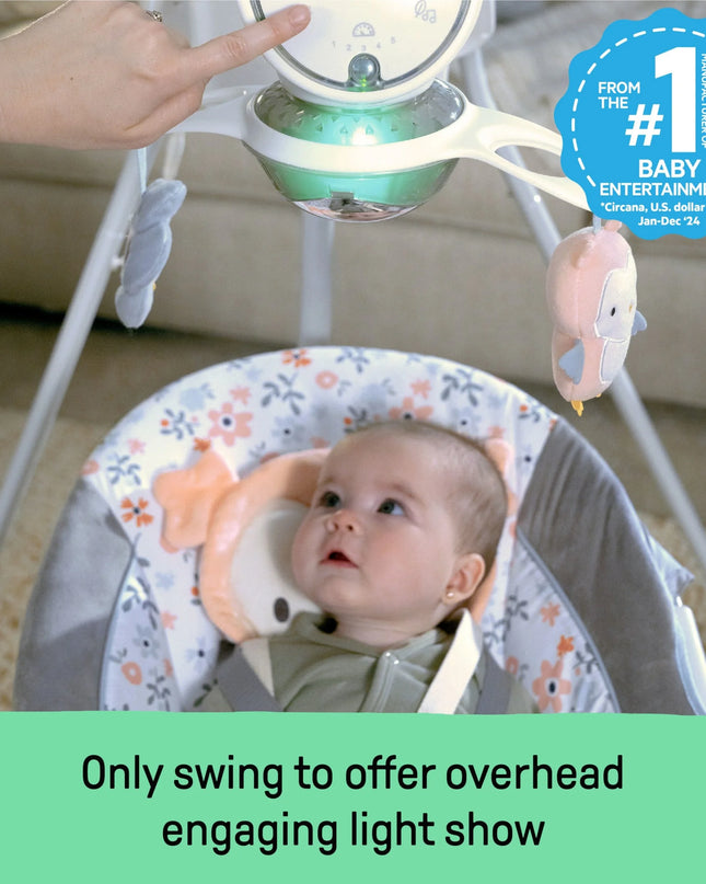 Inlighten Baby Swing, 5-Speed, Swivel Infant Seat, Nature Sounds, Lights - Pink, Nally