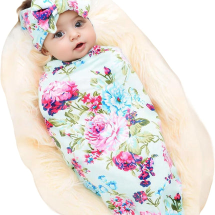 Receiving Blanket Headband Set Flower Print Baby Swaddle Receiving Blankets