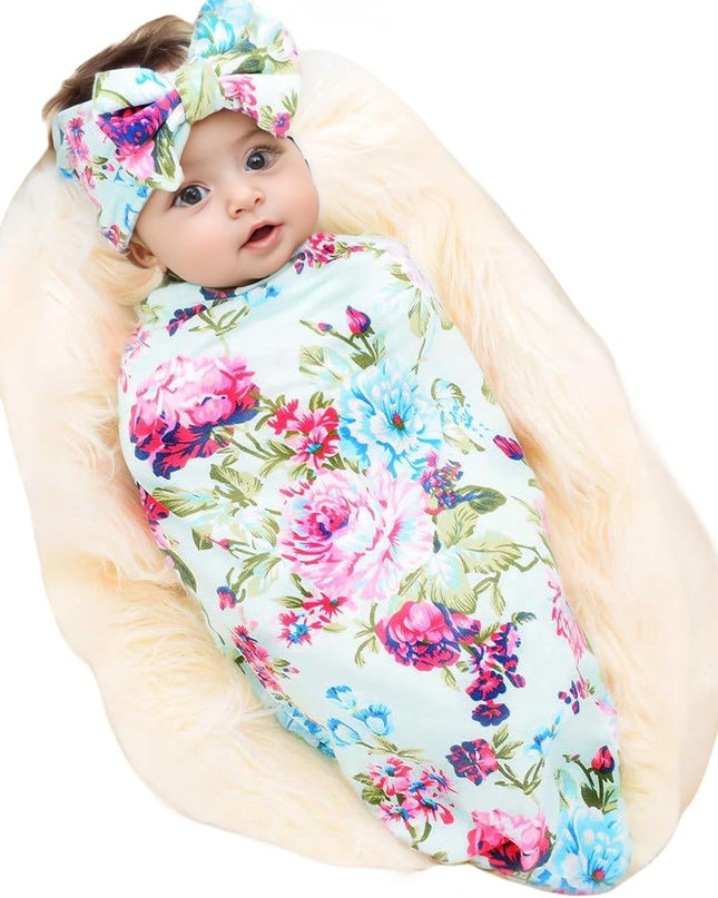 Receiving Blanket Headband Set Flower Print Baby Swaddle Receiving Blankets
