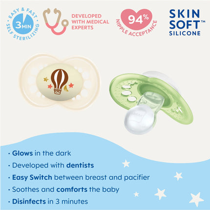 Night Pacifier, 6-16 Months, Unisex, 2 Pack with Self-Sterilizing Case