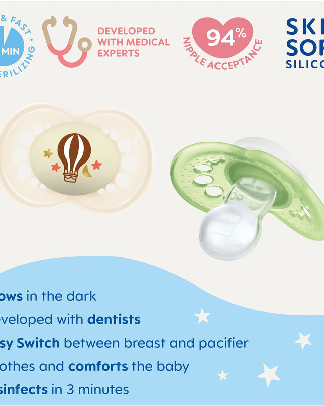 Night Pacifier, 6-16 Months, Unisex, 2 Pack with Self-Sterilizing Case