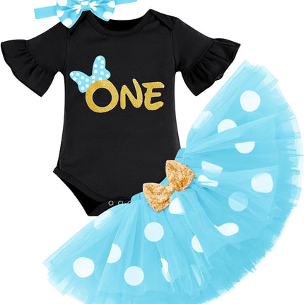 Baby Girl First Birthday Outfit Ruffle ONE Party Romper Polka Dots Tutu Skirt Headband Cake Smash Clothes Set