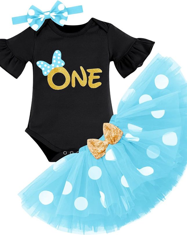 Baby Girl First Birthday Outfit Ruffle ONE Party Romper Polka Dots Tutu Skirt Headband Cake Smash Clothes Set