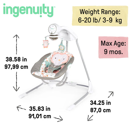 Inlighten Baby Swing, 5-Speed, Swivel Infant Seat, Nature Sounds, Lights - Pink, Nally