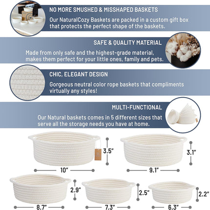 5-Piece round Small Woven Baskets Set– Cotton Rope Baskets for Organizing! Montessori Toys, Fruits Remotes Key Tray Bowl for Entryway Desk, Shallow Catchall Home Décor, Cat Dog Bin Gift