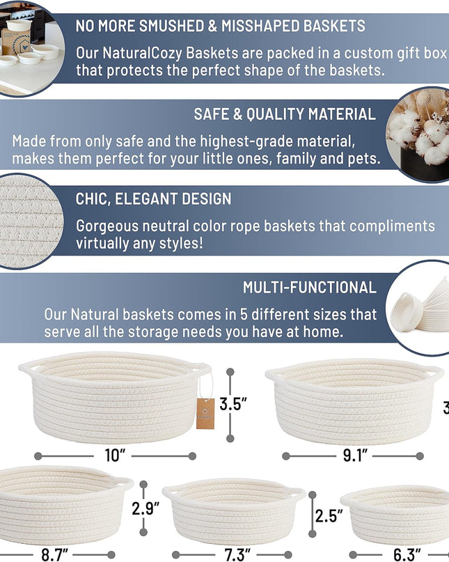 5-Piece round Small Woven Baskets Set– Cotton Rope Baskets for Organizing! Montessori Toys, Fruits Remotes Key Tray Bowl for Entryway Desk, Shallow Catchall Home Décor, Cat Dog Bin Gift