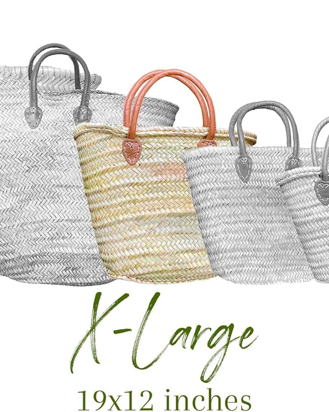 French Market Basket Bag, Extra Large (19X12) Handmade Moroccan Seagrass Basket Straw Bags for Summer, Market, Beach, Laundry, & Picnic Wicker Basket