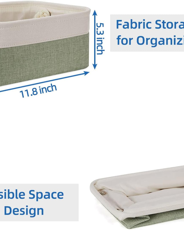 Small Storage Baskets Small Fabric Bins for Closet, 6 Pack Decorative Storage Boxes with Rope Handles for Organizing Clothes, Canvas Storage Basket(White&Green,11.8L X 7.9W X 5.3H Inches)