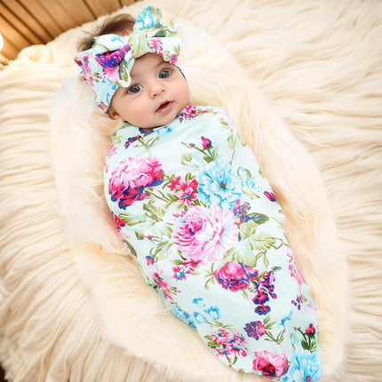 Receiving Blanket Headband Set Flower Print Baby Swaddle Receiving Blankets