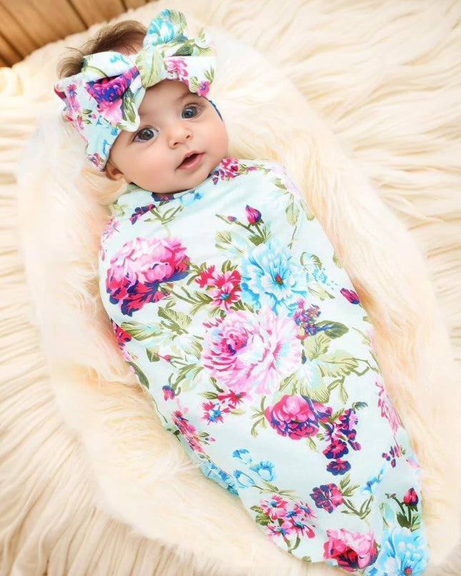 Receiving Blanket Headband Set Flower Print Baby Swaddle Receiving Blankets