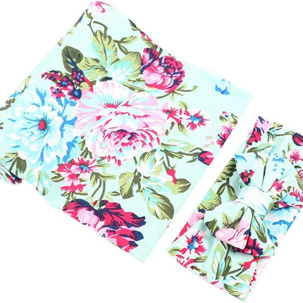 Receiving Blanket Headband Set Flower Print Baby Swaddle Receiving Blankets