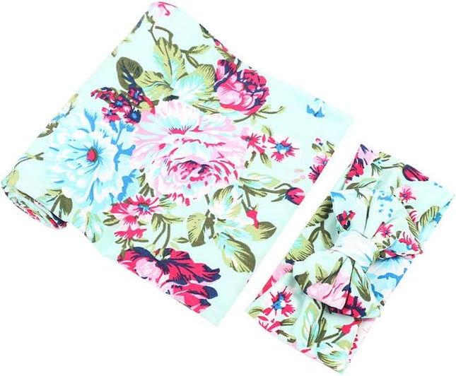 Receiving Blanket Headband Set Flower Print Baby Swaddle Receiving Blankets