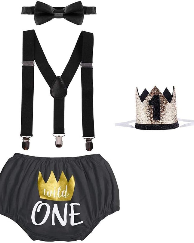 Baby Boys First 1St Birthday Cake Smash Outfit Wild ONE Diaper Cover + Suspenders + Bowtie + Headband for Photo Props