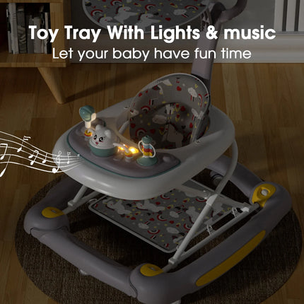 6-In-1 Baby Walker, Foldable Push Walker with Musical Activity Station for 6-24 Months, Gray