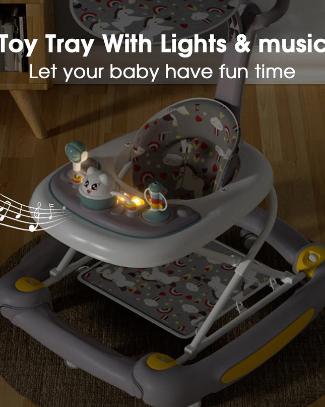 6-In-1 Baby Walker, Foldable Push Walker with Musical Activity Station for 6-24 Months, Gray