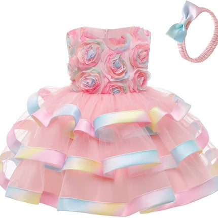 6M-6T Toddler Baby Girls Colorful Floral Tutu Gown Dress Party Evening Wedding Christmas Dance Dresses with Headwear