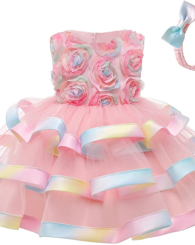 6M-6T Toddler Baby Girls Colorful Floral Tutu Gown Dress Party Evening Wedding Christmas Dance Dresses with Headwear