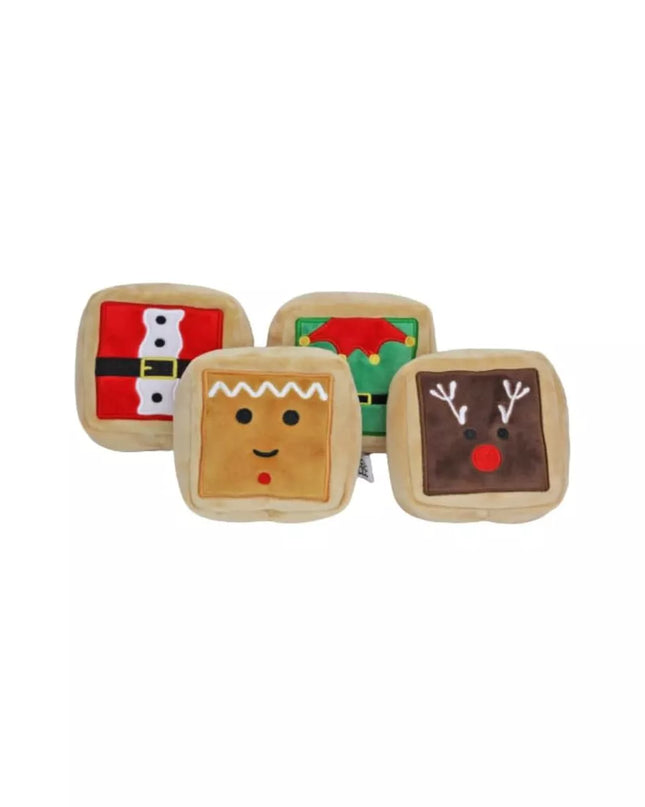 Midlee Gift Box Christmas Squares Sugar Cookie Plush Dog Toy-Reindeer, Gingerbread Man, Santa, Elf