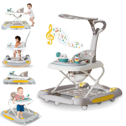 6-In-1 Baby Walker, Foldable Push Walker with Musical Activity Station for 6-24 Months, Gray