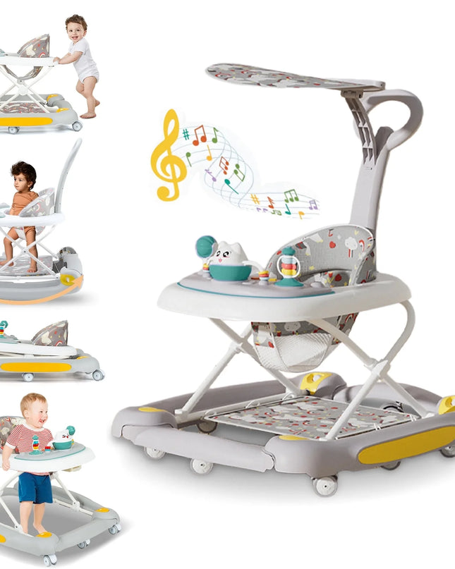 6-In-1 Baby Walker, Foldable Push Walker with Musical Activity Station for 6-24 Months, Gray