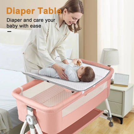 Baby Bassinet, 5-In-1 Infant Bedside Crib with Changing Table and Locked Wheel, Adjustable Height, for 0-24 Months, Pink