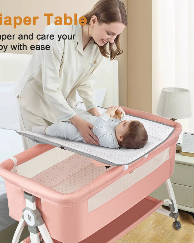 Baby Bassinet, 5-In-1 Infant Bedside Crib with Changing Table and Locked Wheel, Adjustable Height, for 0-24 Months, Pink