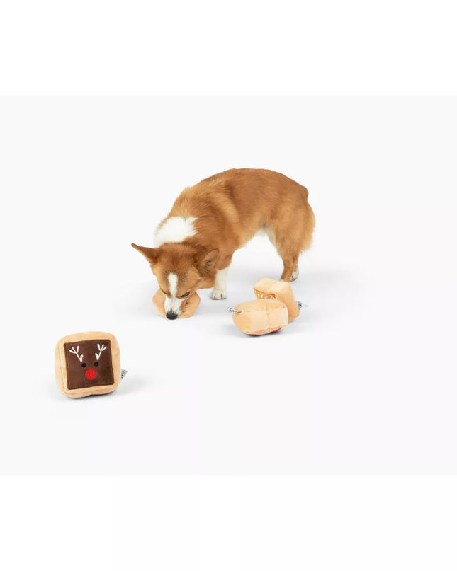 Midlee Gift Box Christmas Squares Sugar Cookie Plush Dog Toy-Reindeer, Gingerbread Man, Santa, Elf