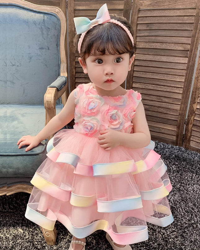 6M-6T Toddler Baby Girls Colorful Floral Tutu Gown Dress Party Evening Wedding Christmas Dance Dresses with Headwear