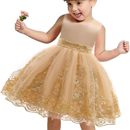 0-6T Big Bowknot Sequins Embroidered Lace Party Tutu Gown Toddler Baby Girls Dress with Headwear