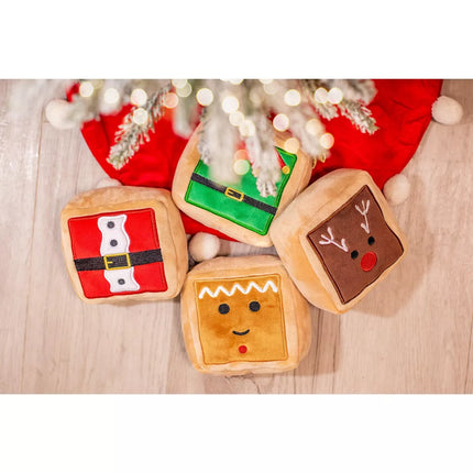 Midlee Gift Box Christmas Squares Sugar Cookie Plush Dog Toy-Reindeer, Gingerbread Man, Santa, Elf