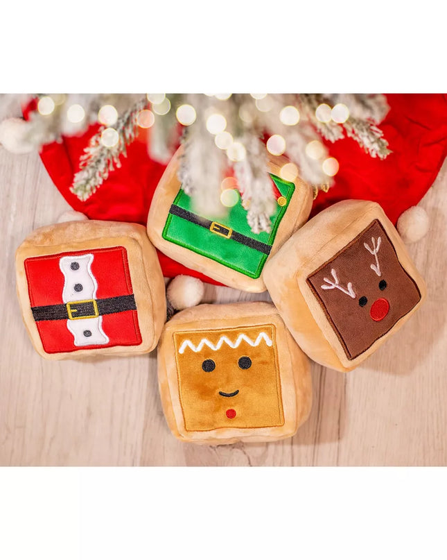 Midlee Gift Box Christmas Squares Sugar Cookie Plush Dog Toy-Reindeer, Gingerbread Man, Santa, Elf
