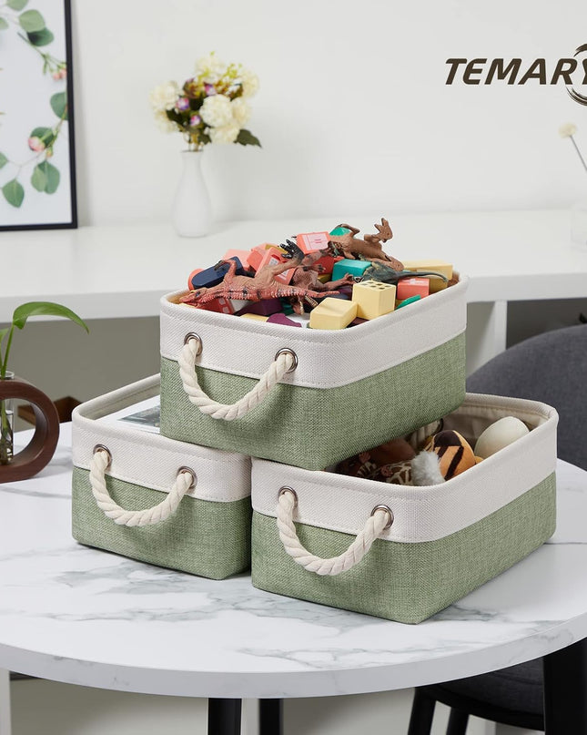Small Storage Baskets Small Fabric Bins for Closet, 6 Pack Decorative Storage Boxes with Rope Handles for Organizing Clothes, Canvas Storage Basket(White&Green,11.8L X 7.9W X 5.3H Inches)