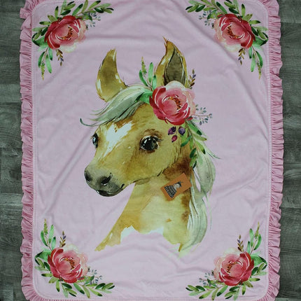 Baby Blanket - Double Layer Blankets - Newborn Blanket for Girls - Nursery Cover for Infant Crib - Faux Quilt Soft Toddler - Horse with Roses Pink Print - 40X30