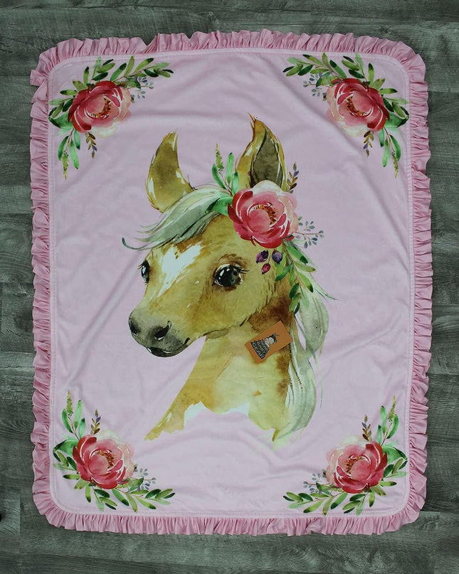Baby Blanket - Double Layer Blankets - Newborn Blanket for Girls - Nursery Cover for Infant Crib - Faux Quilt Soft Toddler - Horse with Roses Pink Print - 40X30