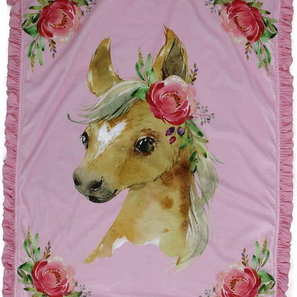 Baby Blanket - Double Layer Blankets - Newborn Blanket for Girls - Nursery Cover for Infant Crib - Faux Quilt Soft Toddler - Horse with Roses Pink Print - 40X30