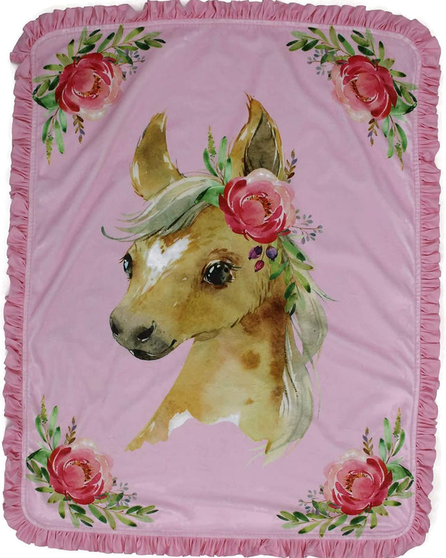 Baby Blanket - Double Layer Blankets - Newborn Blanket for Girls - Nursery Cover for Infant Crib - Faux Quilt Soft Toddler - Horse with Roses Pink Print - 40X30