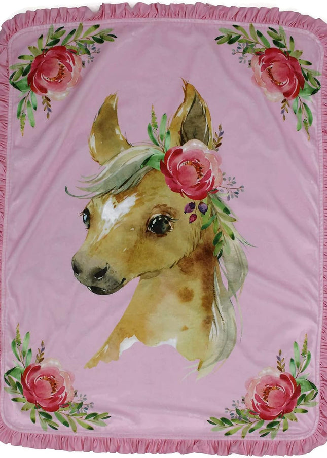 Baby Blanket - Double Layer Blankets - Newborn Blanket for Girls - Nursery Cover for Infant Crib - Faux Quilt Soft Toddler - Horse with Roses Pink Print - 40X30