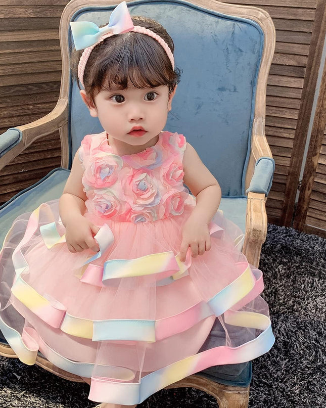 6M-6T Toddler Baby Girls Colorful Floral Tutu Gown Dress Party Evening Wedding Christmas Dance Dresses with Headwear
